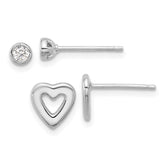 Sterling Silver Rhodium-plated CZ and Heart Post Earrings Set